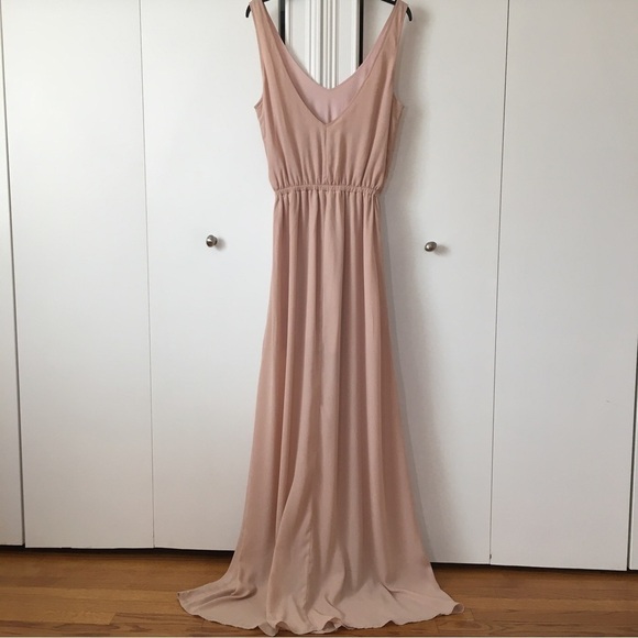 NEW Show Me Your MuMu V-neck Nude Pink Chiffon Side Slit Maxi Bridesmaids Dress - Picture 3 of 16